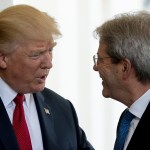 President Donald Trump greets Italian Prime Minister Paolo Gentiloni as he arrives at the West Wing of the White House in Washington, Thursday, April 20, 2017. (AP Photo/Andrew Harnik)