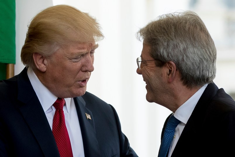 President Donald Trump greets Italian Prime Minister Paolo Gentiloni as he arrives at the West Wing of the White House in Washington, Thursday, April 20, 2017. (AP Photo/Andrew Harnik)