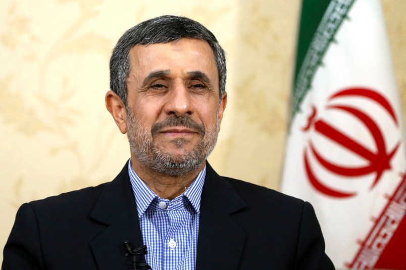 Former Iranian President Mahmoud Ahmadinejad gives an interview to The Associated Press at his office, in Tehran, Iran, Saturday, April 15, 2017. Former Iranian President Mahmoud Ahmadinejad says he does not view recent U.S. missile strikes on ally Syria as a message for Iran, which he called a "powerful country" that the U.S. cannot harm. (AP Photo/Ebrahim Noroozi)