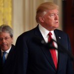 President Donald Trump and Italian Prime Minister Paolo Gentiloni hold a joint news conference in the East Room of the White House in Washington, Thursday, April 20, 2017. (AP Photo/Andrew Harnik)