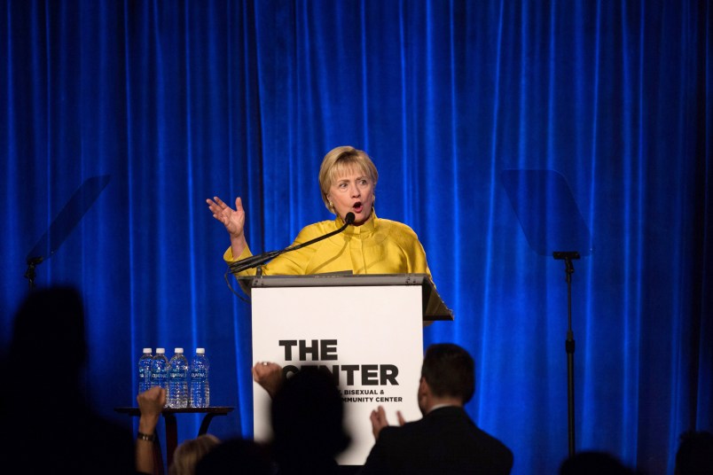 Former Secretary of State Hillary Clinton gives an acceptance speech after accepting the Trailblazer Award during the LGBT Community Center Dinner at Cipriani Wall Street on Thursday, April 20, 2017, in New York. (AP Photo/Kevin Hagen)