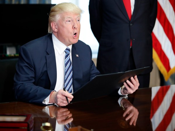 President Donald Trump speaks before signing an Executive Order at the Treasury Department, Friday, April 21, 2017, in Washington. (AP Photo/Alex Brandon)