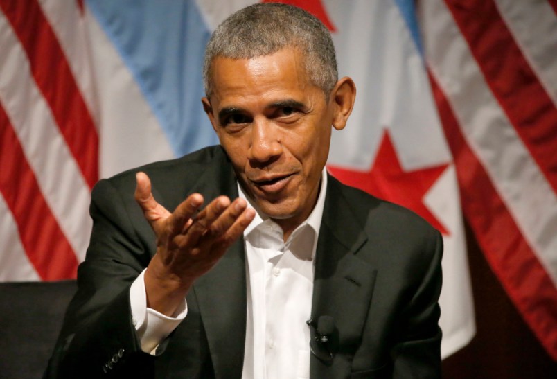Former President Barack Obama hosts a conversation on civic engagement and community organizing, Monday, April 24, 2017, at the University of Chicago in Chicago. It’s the former president’s first public event of his post-presidential life in the place where he started his political career. (AP Photo/Charles Rex Arbogast)
