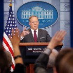 Members of the media raise their hands as White House Press secretary Sean Spicer answers questions during the daily briefing in the Brady Press Briefing Room of the White House, Monday, April 24, 2017. (AP Photo/Pablo Martinez Monsivais)