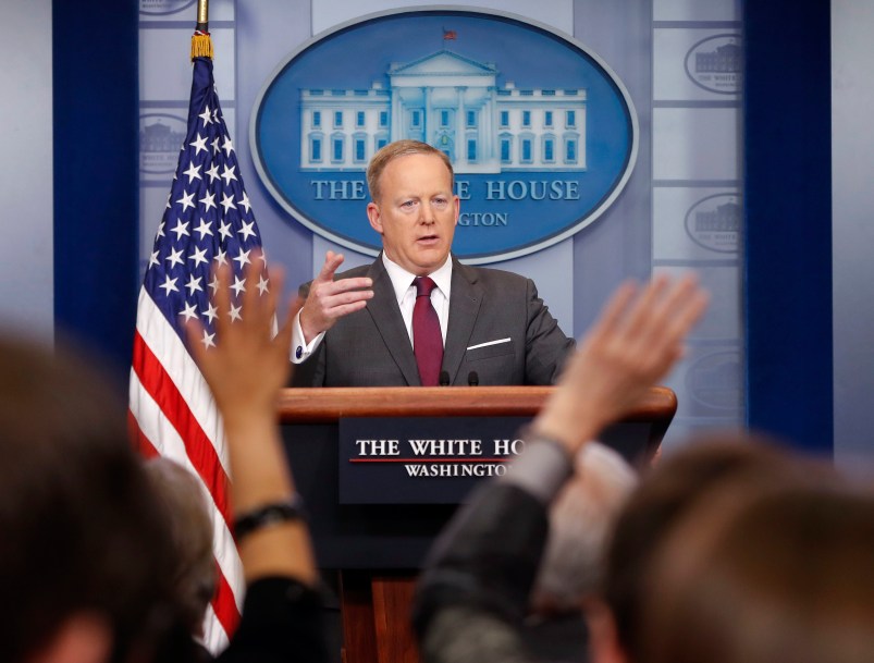 Members of the media raise their hands as White House Press secretary Sean Spicer answers questions during the daily briefing in the Brady Press Briefing Room of the White House, Monday, April 24, 2017. (AP Photo/Pablo Martinez Monsivais)