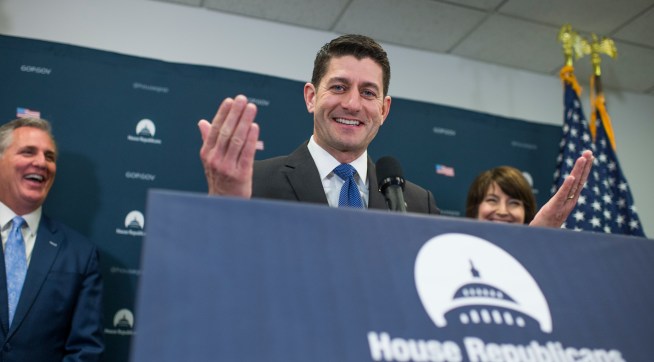 UNITED STATES - APRIL 26: Speaker Paul Ryan, R-Wis., conducts a news conference after a meeting of the House Republican Conference in the Capitol on April 26, 2017. House Majority Leader Kevin McCarthy, R-Calif., and Rep. Cathy McMorris Rodgers, R-Wash., also appear. (Photo By Tom Williams/CQ Roll Call)