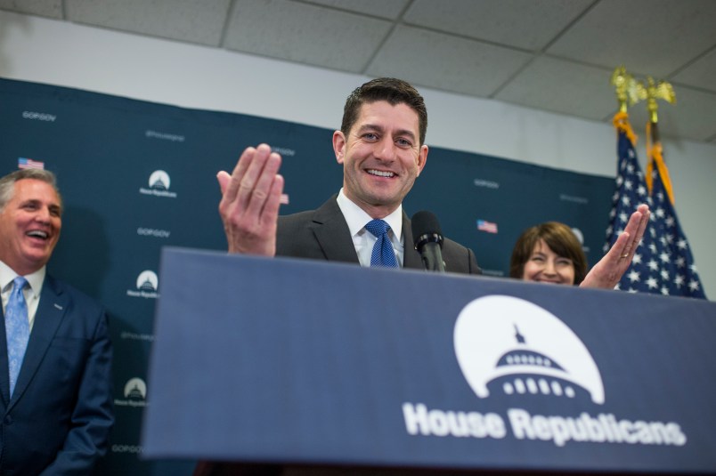 UNITED STATES - APRIL 26: Speaker Paul Ryan, R-Wis., conducts a news conference after a meeting of the House Republican Conference in the Capitol on April 26, 2017. House Majority Leader Kevin McCarthy, R-Calif., and Rep. Cathy McMorris Rodgers, R-Wash., also appear. (Photo By Tom Williams/CQ Roll Call)