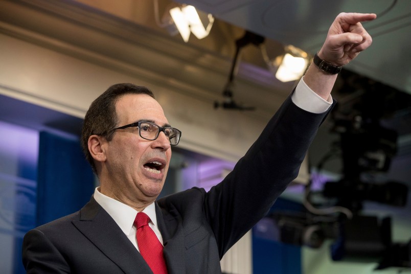 Treasury Secretary Steve Mnuchin takes a  question in the briefing room of the White House, in Washington, Wednesday, April 26, 2017, where they discussed President Donald Trump tax proposals. (AP Photo/Andrew Harnik)