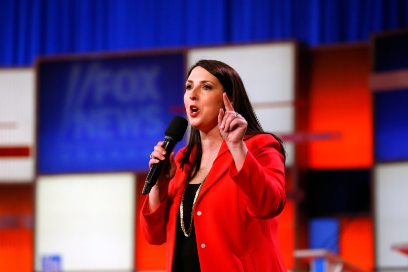 Ronna Romney McDaniel, the Michigan Republican Party chair, speaks before a Republican presidential primary debate at Fox Theatre, Thursday, March 3, 2016, in Detroit. (AP Photo/Paul Sancya)