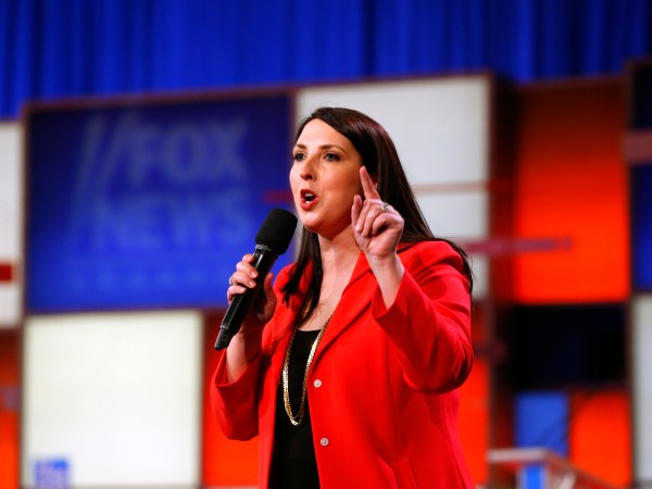 Ronna Romney McDaniel, the Michigan Republican Party chair, speaks before a Republican presidential primary debate at Fox Theatre, Thursday, March 3, 2016, in Detroit. (AP Photo/Paul Sancya)