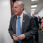 House Freedom Caucus Chairman Rep. Mark Meadows, R-N.C., whose conservative GOP members derailed the Republican health care bill, leaves a closed-door strategy session with Speaker of the House Paul Ryan, R-Wis., and the leadership as they try to rebuild unity within the Republican Conference, at the Capitol,  in Washington, Tuesday, March 28, 2017.  (AP Photo/J. Scott Applewhite)