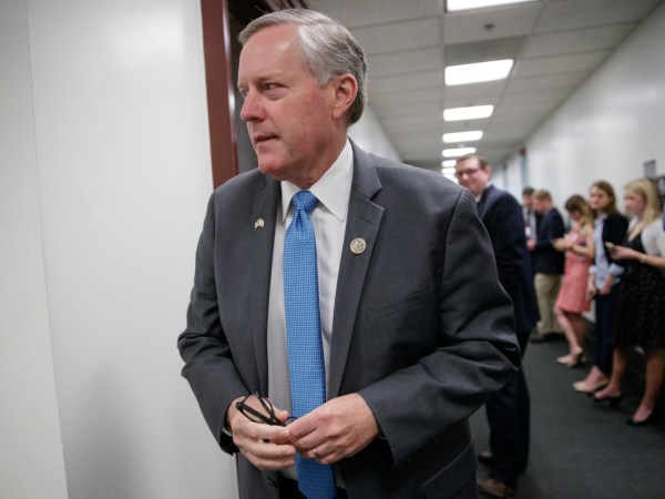 House Freedom Caucus Chairman Rep. Mark Meadows, R-N.C., whose conservative GOP members derailed the Republican health care bill, leaves a closed-door strategy session with Speaker of the House Paul Ryan, R-Wis., and the leadership as they try to rebuild unity within the Republican Conference, at the Capitol,  in Washington, Tuesday, March 28, 2017.  (AP Photo/J. Scott Applewhite)