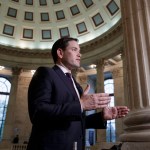 Sen. Marco Rubio, R-Fla., a member of the Senate Foreign Relations Committee, comments on the poisonous gas attacks in Syria during a television interview on Capitol Hill in Washington, Thursday, April 6, 2017. (AP Photo/J. Scott Applewhite)