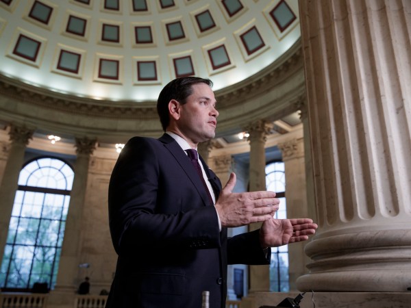 Sen. Marco Rubio, R-Fla., a member of the Senate Foreign Relations Committee, comments on the poisonous gas attacks in Syria during a television interview on Capitol Hill in Washington, Thursday, April 6, 2017. (AP Photo/J. Scott Applewhite)