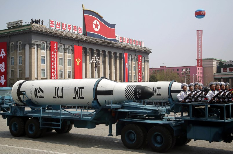 In this Saturday, April 15, 2017, file photo, a submarine missile is paraded across Kim Il Sung Square during a military parade in Pyongyang, North Korea to celebrate the 105th birth anniversary of Kim Il Sung, the country's late founder and grandfather of current ruler Kim Jong Un. While the heightened tension and rhetoric between Washington and Pyongyang may begin to cool down, there are many reasons why President Trump's problem isn't likely to go away. (AP Photo/Wong Maye-E, File)