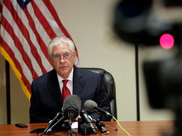 Secretary of State Rex Tillerson speaks to the news media at the Palm Beach International Airport, Thursday, April 6, 2017, in West Palm Beach, Fla.  (AP Photo/Lynne Sladky)