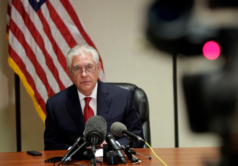 Secretary of State Rex Tillerson speaks to the news media at the Palm Beach International Airport, Thursday, April 6, 2017, in West Palm Beach, Fla.  (AP Photo/Lynne Sladky)