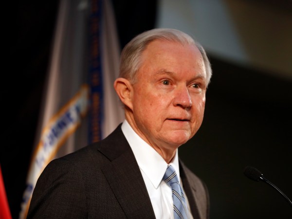 Attorney General Jeff Sessions speaks about crime to local, state and federal law enforcement officials Friday, March 31, 2017, in St. Louis. (AP Photo/Jeff Roberson)