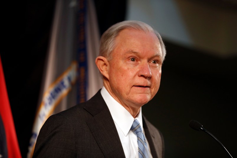 Attorney General Jeff Sessions speaks about crime to local, state and federal law enforcement officials Friday, March 31, 2017, in St. Louis. (AP Photo/Jeff Roberson)