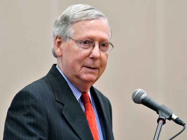 Senate Majority Leader Mitch McConnell R-Ky., speaks to a gathering of the Jeffersontown Chamber of Commerce luncheon, Wednesday, Feb. 22, 2017, in Louisville, Ky. (AP Photo/Timothy D. Easley)