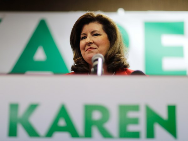 Republican candidate for Georgia's Sixth Congressional seat Karen Handel updates supporters on early results at an election night watch party in Roswell, Ga., Tuesday, April 18, 2017. Republicans are bidding to prevent a major upset in a conservative Georgia congressional district Tuesday where Democrats stoked by opposition to President Donald Trump have rallied behind a candidate who has raised a shocking amount of money for a special election. (AP Photo/David Goldman)