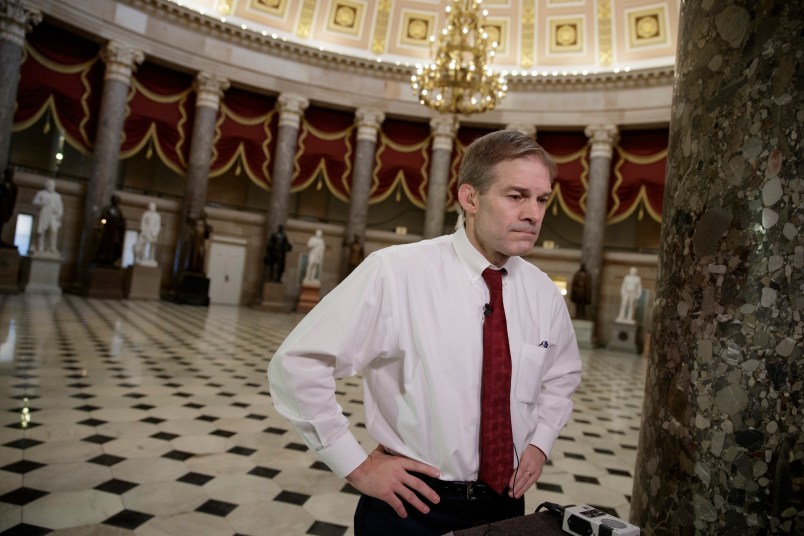 Rep. Jim Jordan, R-Ohio, a key member and founder of the conservative Freedom Caucus, arrives for a TV interview at the Capitol in Washington, Thursday, March 23, 2017, as the GOP's long-promised legislation to repeal and replace "Obamacare" comes to a showdown vote. (AP Photo/J. Scott Applewhite)