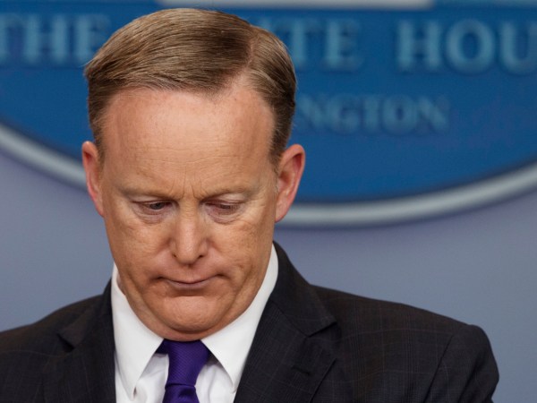 White House press secretary Sean Spicer listens to a question during the daily press briefing, Thursday, March 30, 2017, in Washington. (AP Photo/Evan Vucci)