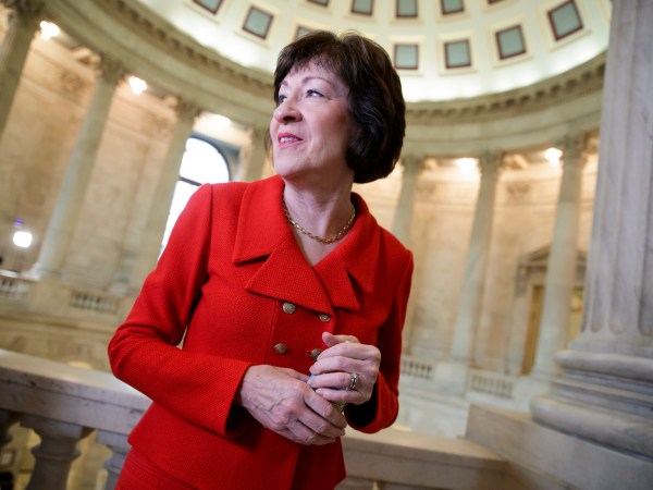 Sen. Susan Collins, R-Maine, a member of the Senate Appropriations Committee and the Senate Intelligence Committee, finishes a television news interview on Capitol Hill in Washington, Tuesday, March 28, 2017. (AP Photo/J. Scott Applewhite)