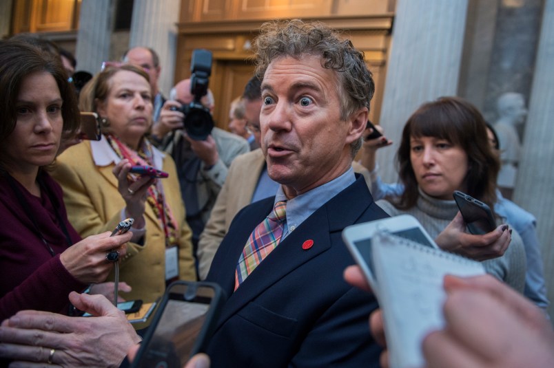 UNITED STATES - APRIL 7: Sen. Rand Paul, R-Ky., talks with reporters  in the Capitol on the day the Senate voted to confirm Neil Gorsuch as the next Supreme Court justice, April 7, 2017. (Photo By Tom Williams/CQ Roll Call)