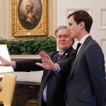 Counselor to the President of the United States, Steve Bannon, left, talks with White House senior advisers Jared Kushner, right, in the Oval Office of the White House in Washington, Friday, Feb. 3, 2017. (AP Photo/Pablo Martinez Monsivais)