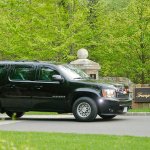 Motorcade SUV vehicle transporting President Donald Trump is seen leaving the Trump National Golf Club in Bedminster, N.J., Sunday, May 7, 2017. Trump spent the weekend at his New Jersey golf course and is returning to Washington tonight. (AP Photo/Pablo Martinez Monsivais)