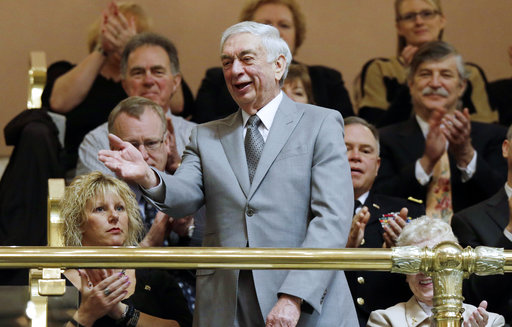 Former Washington Gov. Mike Lowry is introduced from the gallery in the House chamber before Gov. Chris Gregoire's final State of the State speech to a joint session of the legislature, Tuesday, Jan. 15, 2013, at the Capitol in Olympia, Wash. Lowry served as Governor from 1993 to 1997. (AP Photo/Ted S. Warren)