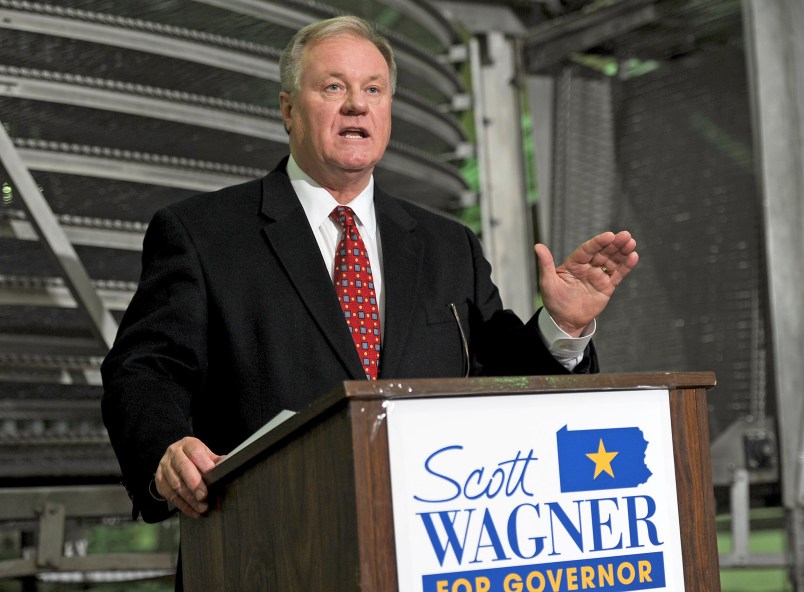 Pennsylvania state Sen. Scott Wagner, of York, R-28th Dist., visited the Maple Donuts factory in Lake City, Pa., on Jan. 12, 2016 a day after announcing his candidacy for Pennsylvania governor in the 2018 election.  (AP Photo/Erie Times-News, Christopher Millette)