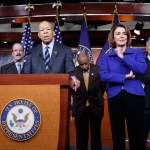 Top House Democrats, from left, Rep. Adam Schiff, D-Calif., ranking member of the House Permanent Select Committee on Intelligence, Rep. Eliot L. Engel, D-N.Y., ranking member of the House Foreign Affairs Committee, Rep. Elijah Cummings, D-Md., ranking member of the House Oversight and Government Reform Committee, Rep. John Conyers, D-Mich., ranking member of the House Judiciary Committee, House Democratic Leader Nancy Pelosi of Calif., and Rep. Richard Neal, D-Mass., ranking member of the House Ways and Means Committee, say they want an investigation into President Donald Trump's relationship with Russia, including when Trump learned that his national security adviser, Michael Flynn, had discussed U.S. sanctions with a Russian diplomat, during a news conference on Capitol Hill in Washington, Tuesday, Feb. 14, 2017.    (AP Photo/J. Scott Applewhite)