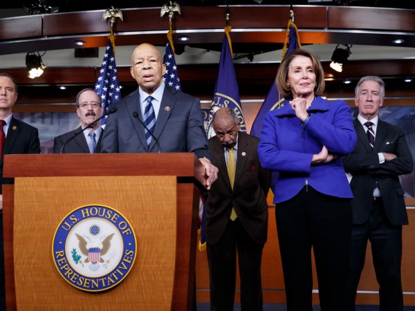 Top House Democrats, from left, Rep. Adam Schiff, D-Calif., ranking member of the House Permanent Select Committee on Intelligence, Rep. Eliot L. Engel, D-N.Y., ranking member of the House Foreign Affairs Committee, Rep. Elijah Cummings, D-Md., ranking member of the House Oversight and Government Reform Committee, Rep. John Conyers, D-Mich., ranking member of the House Judiciary Committee, House Democratic Leader Nancy Pelosi of Calif., and Rep. Richard Neal, D-Mass., ranking member of the House Ways and Means Committee, say they want an investigation into President Donald Trump's relationship with Russia, including when Trump learned that his national security adviser, Michael Flynn, had discussed U.S. sanctions with a Russian diplomat, during a news conference on Capitol Hill in Washington, Tuesday, Feb. 14, 2017.    (AP Photo/J. Scott Applewhite)