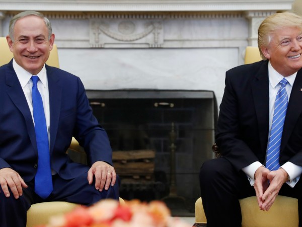 FILE - in this Wednesday, Feb. 15, 2017 file photo, US President Donald Trump and Israeli Prime Minister Benjamin Netanyahu meet in the Oval Office of the White House in Washington. Trump and Netanyahu said at their first joint news conference that they will seize what they believe is an opportunity for an ambitious Israeli-Arab peace deal. (AP Photo/Carolyn Kaster, File)
