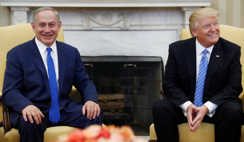 FILE - in this Wednesday, Feb. 15, 2017 file photo, US President Donald Trump and Israeli Prime Minister Benjamin Netanyahu meet in the Oval Office of the White House in Washington. Trump and Netanyahu said at their first joint news conference that they will seize what they believe is an opportunity for an ambitious Israeli-Arab peace deal. (AP Photo/Carolyn Kaster, File)