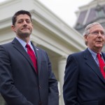 House Speaker Paul Ryan of Wis. listens at left as Senate Majority Leader Mitch McConnell of Ky. speaks to reporters outside the White House in Washington, Monday, Feb. 27, 2017, following their meeting with President Donald Trump inside. (AP Photo/Pablo Martinez Monsivais)