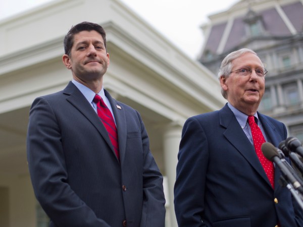 House Speaker Paul Ryan of Wis. listens at left as Senate Majority Leader Mitch McConnell of Ky. speaks to reporters outside the White House in Washington, Monday, Feb. 27, 2017, following their meeting with President Donald Trump inside. (AP Photo/Pablo Martinez Monsivais)
