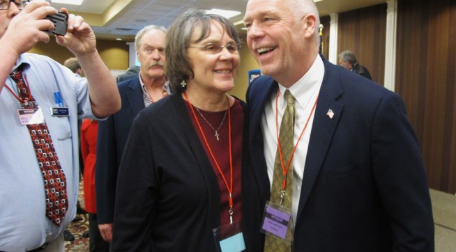 /// Photo eds,Here is a photo I took today for a story moving now slugged Montana Special Election. This will be the last one of the night. Caption is below.Thanks,Matt, HLN26 - Greg Gianforte, right, receives congratulations from a supporter on Monday, March 06, 2017, in Helena, Montana, after winning the Republican nomination for Montana's special election for U.S. House. The technology entrepreneur will face Democratic nominee Rob Quist in the May 25 election (AP Photo/Matt Volz)