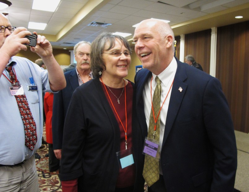 /// Photo eds,Here is a photo I took today for a story moving now slugged Montana Special Election. This will be the last one of the night. Caption is below.Thanks,Matt, HLN26 - Greg Gianforte, right, receives congratulations from a supporter on Monday, March 06, 2017, in Helena, Montana, after winning the Republican nomination for Montana's special election for U.S. House. The technology entrepreneur will face Democratic nominee Rob Quist in the May 25 election (AP Photo/Matt Volz)