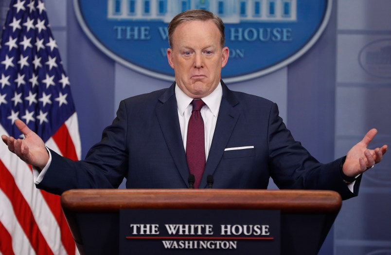 White House Press secretary Sean Spicer gestures while speaking to the media during the daily briefing in the Brady Press Briefing Room of the White House, Friday, March 24, 2017. (AP Photo/Pablo Martinez Monsivais)