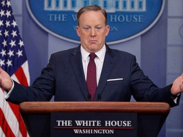 White House Press secretary Sean Spicer gestures while speaking to the media during the daily briefing in the Brady Press Briefing Room of the White House, Friday, March 24, 2017. (AP Photo/Pablo Martinez Monsivais)