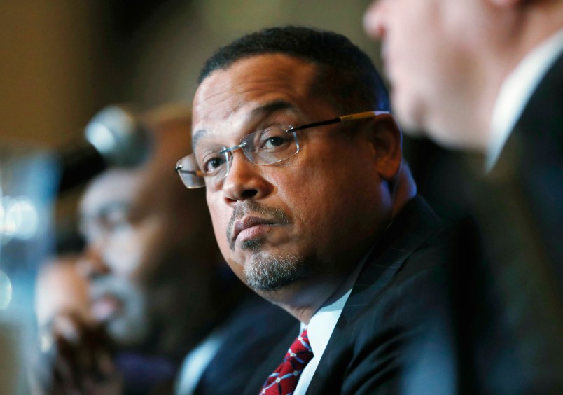 FILE - In a Dec. 2, 2016 file photo, U.S. Rep. Keith Ellison, D-Minn., listens during a forum on the future of the Democratic Party, in Denver. Ellison, who is currently running to be the next chair of the Democratic National Committee, announced Monday, Jan. 16, 2017, he is boycotting Donald Trump's presidential inauguration on Friday. (AP Photo/David Zalubowski, File)