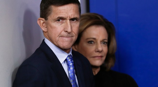 National Security Adviser Michael Flynn stands with K.T. McFarland, deputy national security adviser, before speaking during the daily news briefing at the White House, in Washington, Wednesday, Feb. 1, 2017. Flynn said the administration is putting Iran "on notice" after it tested a ballistic missile. (AP Photo/Carolyn Kaster)