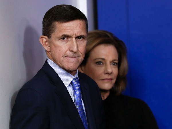 National Security Adviser Michael Flynn stands with K.T. McFarland, deputy national security adviser, before speaking during the daily news briefing at the White House, in Washington, Wednesday, Feb. 1, 2017. Flynn said the administration is putting Iran "on notice" after it tested a ballistic missile. (AP Photo/Carolyn Kaster)