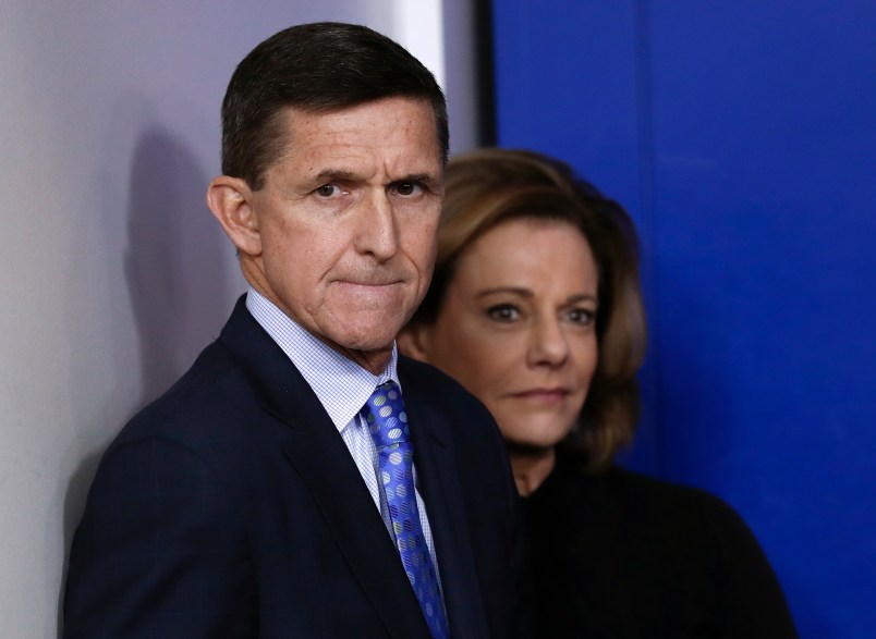 National Security Adviser Michael Flynn stands with K.T. McFarland, deputy national security adviser, before speaking during the daily news briefing at the White House, in Washington, Wednesday, Feb. 1, 2017. Flynn said the administration is putting Iran "on notice" after it tested a ballistic missile. (AP Photo/Carolyn Kaster)