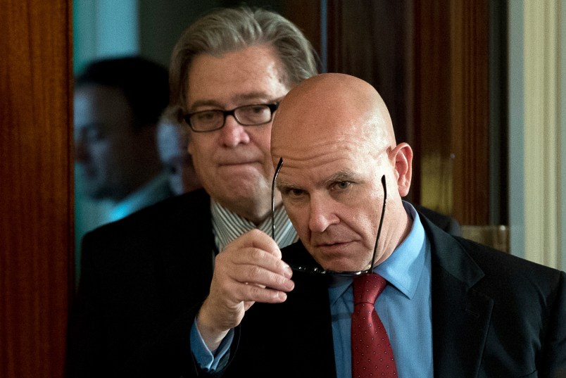 President Donald Trump's White House Senior Adviser Steve Bannon, left, and National Security Adviser H.R. McMaster, right, arrive for a news conference with President Donald Trump and NATO Secretary General Jens Stoltenberg in the East Room at the White House, Wednesday, April 12, 2017, in Washington. (AP Photo/Andrew Harnik)