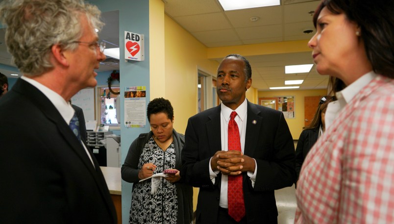 /// Ben Carson, Secretary of Housing and Urban Development, speaks with city and housing officials inside a shelter in Columbus, Ohio on April 26, 2017. Carson told the Associated Press he plans to release an agenda within the next few months that will deliver "bang for the buck" while on a national tour of public housing sites. (AP Photo/Dake Kang)