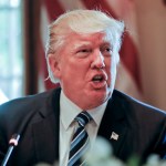 President Donald Trump answers a question from a member of the media during a luncheon with Argentine President Mauricio Macri in the Cabinet Room of the White House in Washington, Thursday, April 27, 2017.  (AP Photo/Pablo Martinez Monsivais)